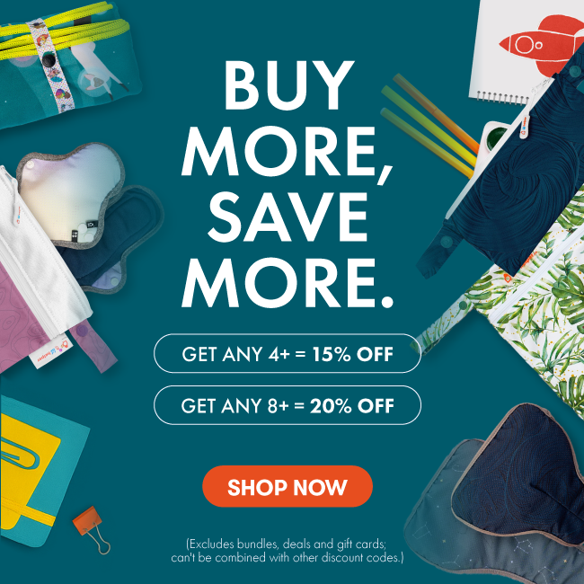 Promotional graphic with stationery items and discount text on a blue background