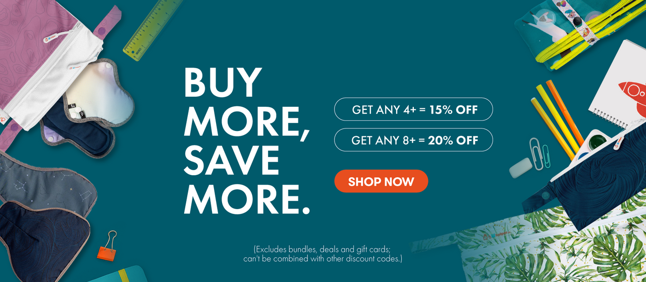 Promotional banner with school supplies and text on a teal background