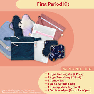 First period kit with various items on a peach background