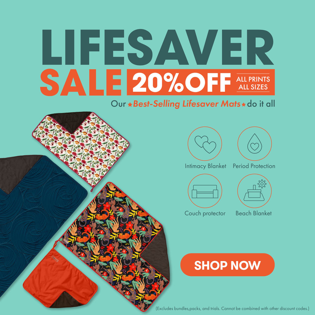 Promotional graphic for lifesaver mats with product images and sale text on a teal background