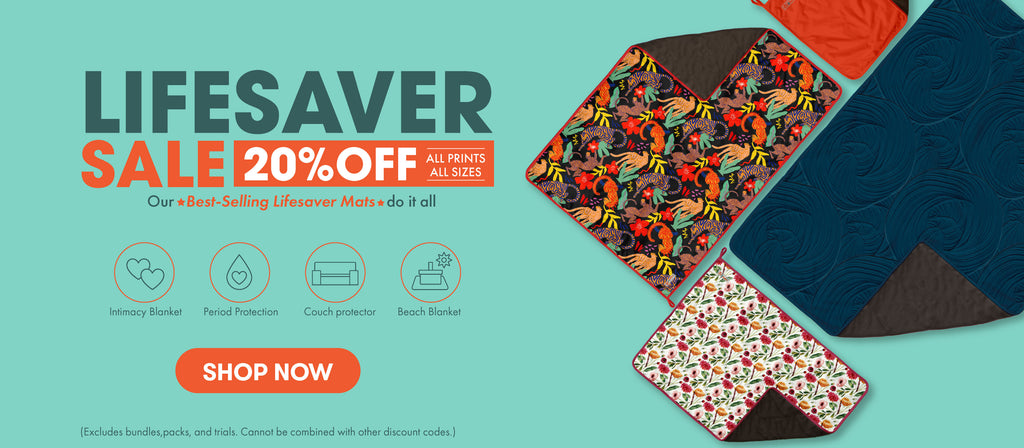 Promotional banner for a 'Lifesaver Sale' with patterned products on a teal background.
