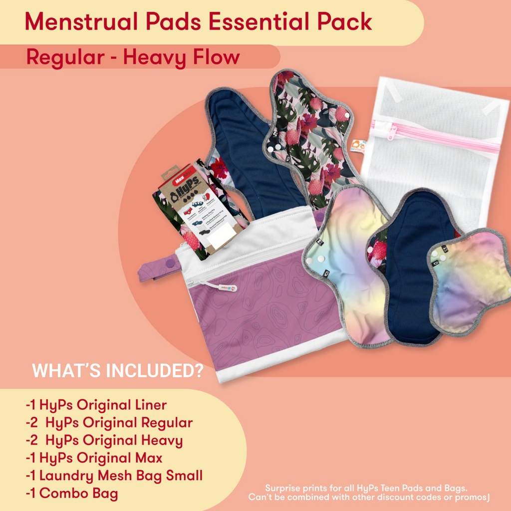 Menstrual pads and accessories on a peach background with product details.