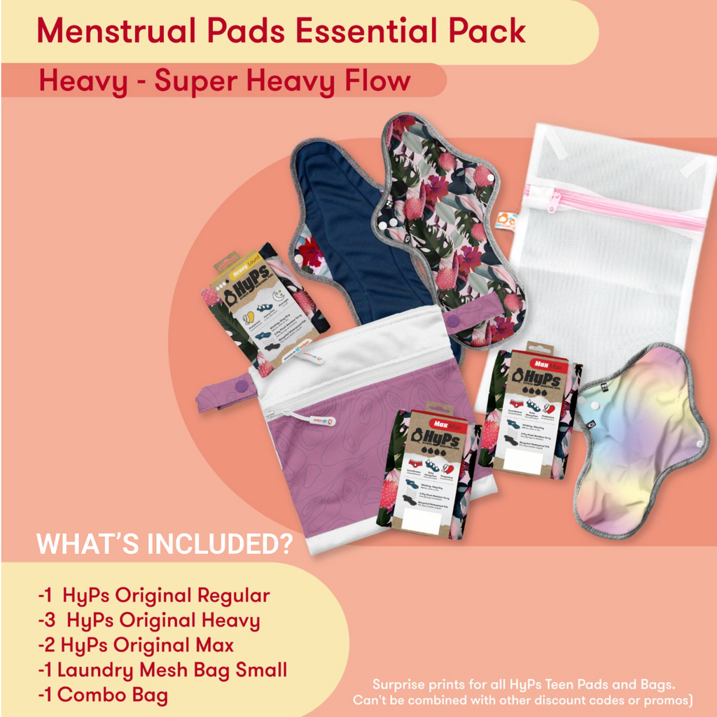 Menstrual pads essential pack with various pads and a mesh bag on a peach background