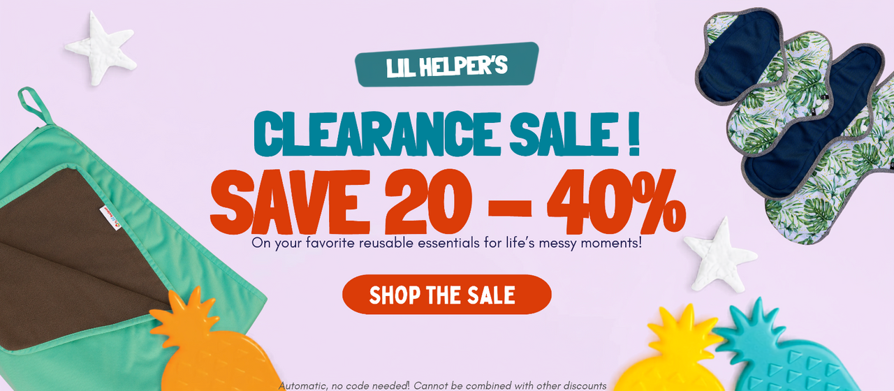 Promotional sale banner for Lil Helper's featuring reusable essentials in a clearance sale. The design has a light lavender background with starfish graphics, showing a teal waterproof mat, a green and white palm-patterned pads.