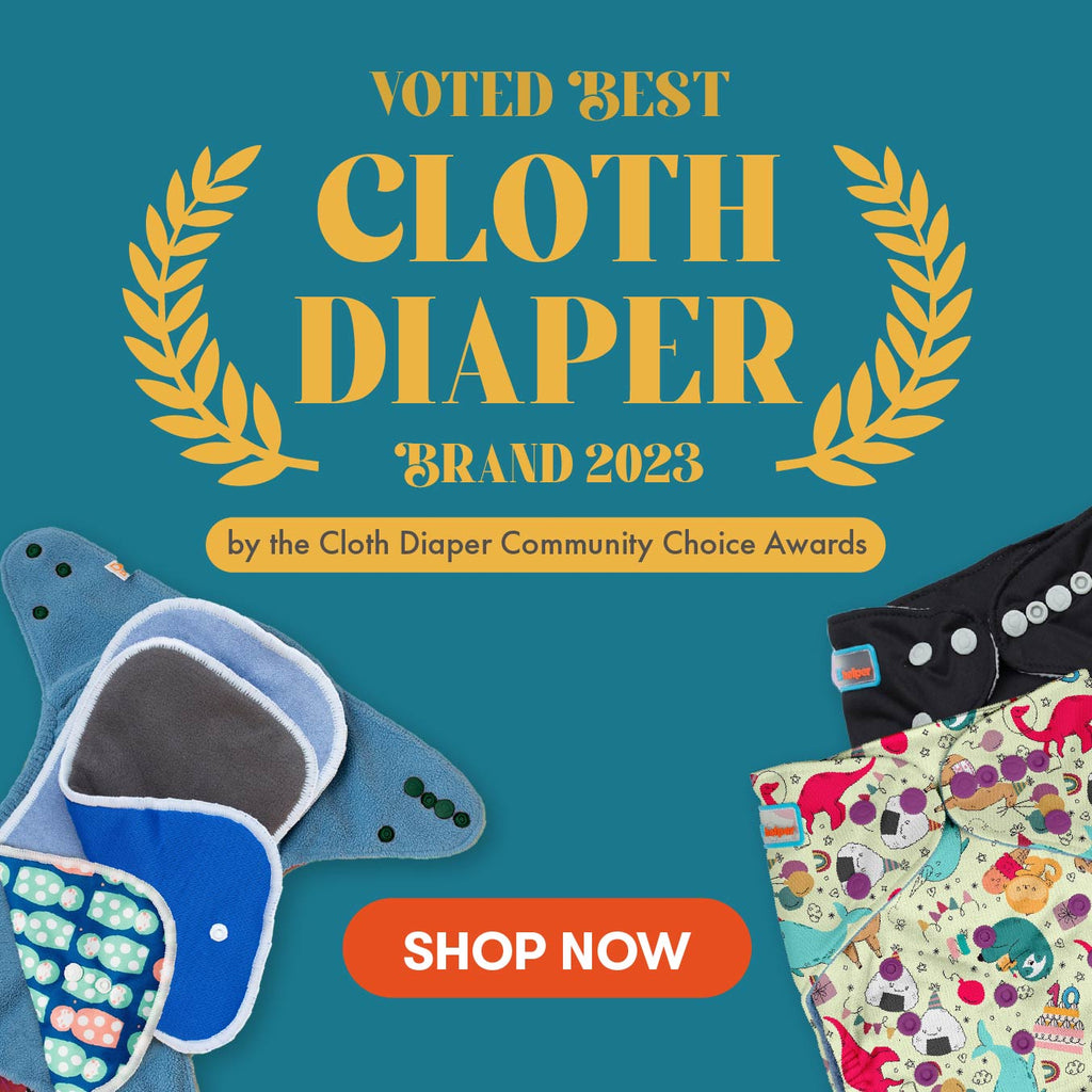 Promotional banner for best cloth diaper brand 2023 with products and 'Shop Now' button on a teal background.